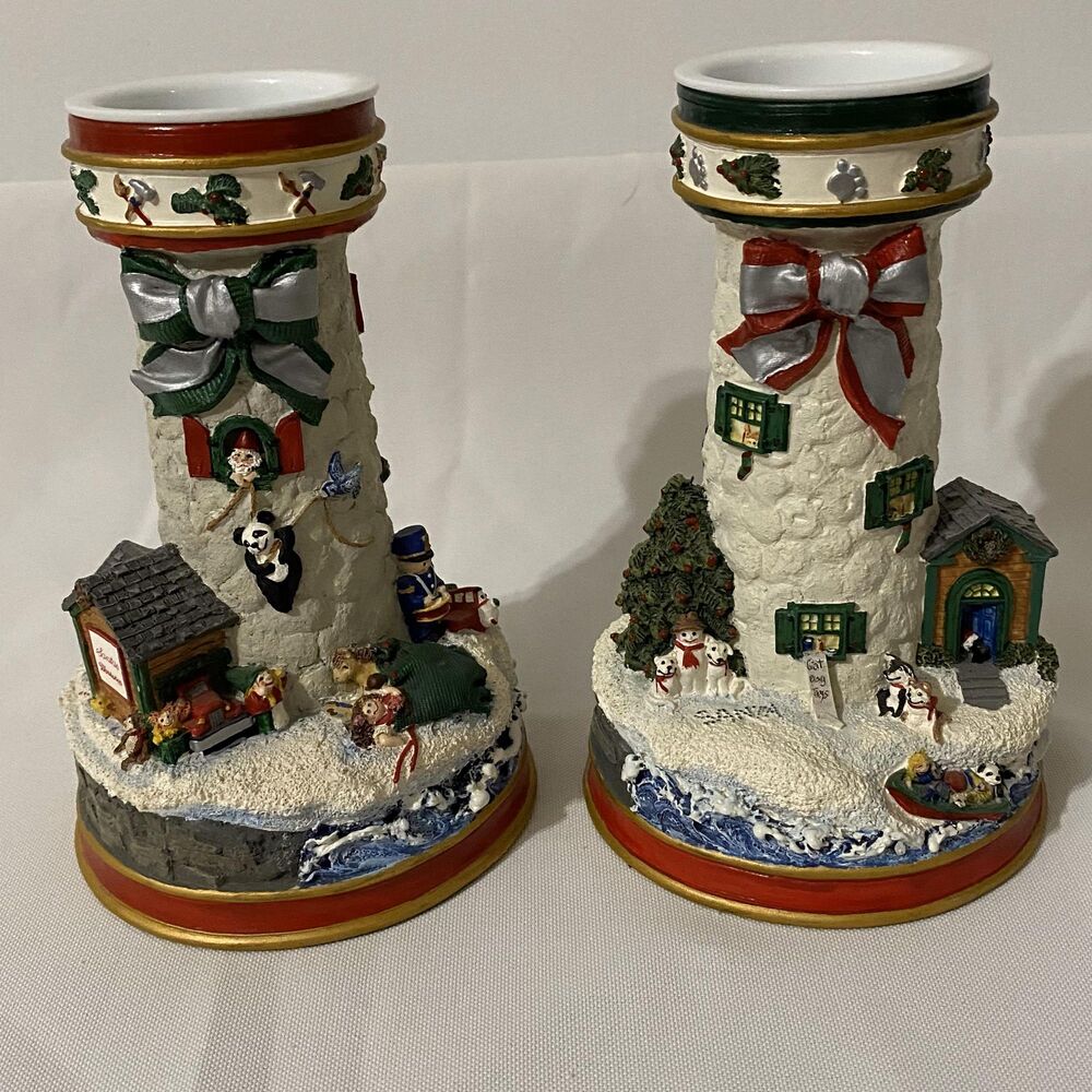 VTG Christmas Lighthouse Candlesticks Filling Santas Sack & Waiting for Santa